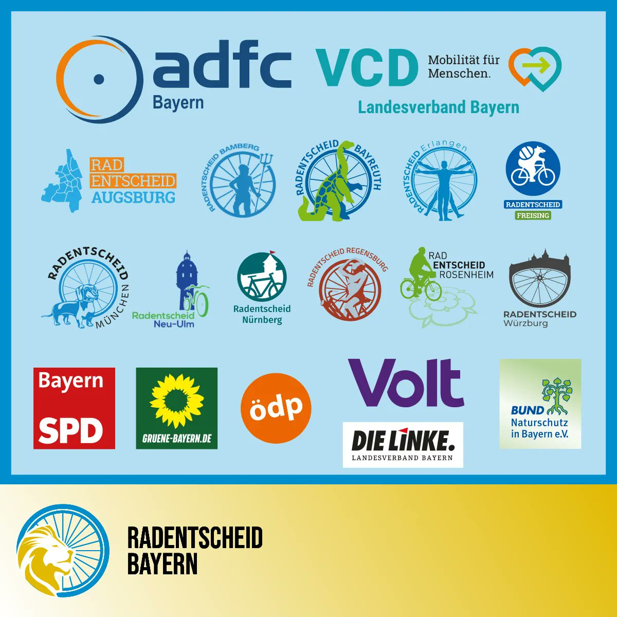 Wer steckt hinter dem Radentscheid Bayern? Hier sind die Träger und Bündnispartner! Zudem gibt es unterstützende Organisationen.

Ihr wollt den Radentscheid unterstützen? Meldet euch per Mail bei Bernadette Felsch, unter bernadette.felsch@radentscheid-bayern.de.

#radentscheidBY