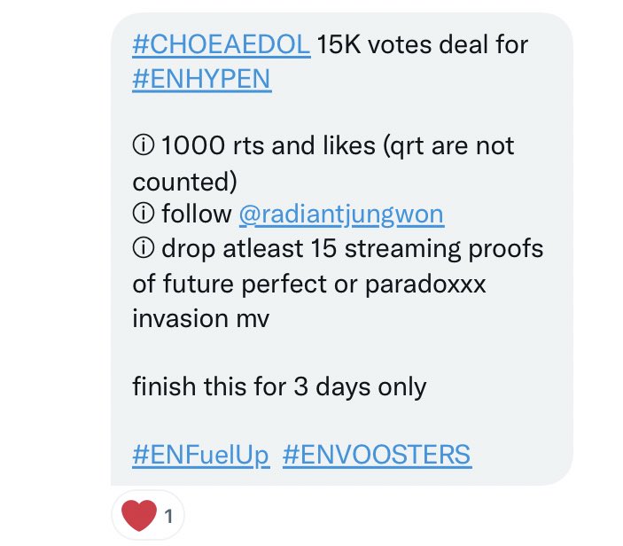 meantforpsh_'s tweet photo. #CHOEAEDOL 15K votes deal for #ENHYPEN

ⓘ 1000 rts and likes (qrt are not counted) 
ⓘ follow @radiantjungwon
ⓘ drop atleast 15 streaming proofs of future perfect or paradoxxx invasion mv

finish this for 3 days only

#ENFuelUp  #ENVOOSTERS https://t.co/eMjw3sMYpy