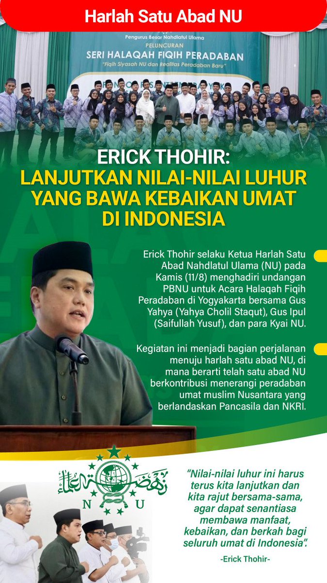 MENTERI BUMN <a href="/erickthohir/">Erick Thohir</a> menghadiri kegiatan Halaqoh Fiqih Pengurus PBNU di Yogyakarta. Pada kegiatan tersebut, hadir Ketua Umum PBNU, KH Yahya Cholil Staquf atau akrab disapa Gus Yahya.

#BangkitBersamaET