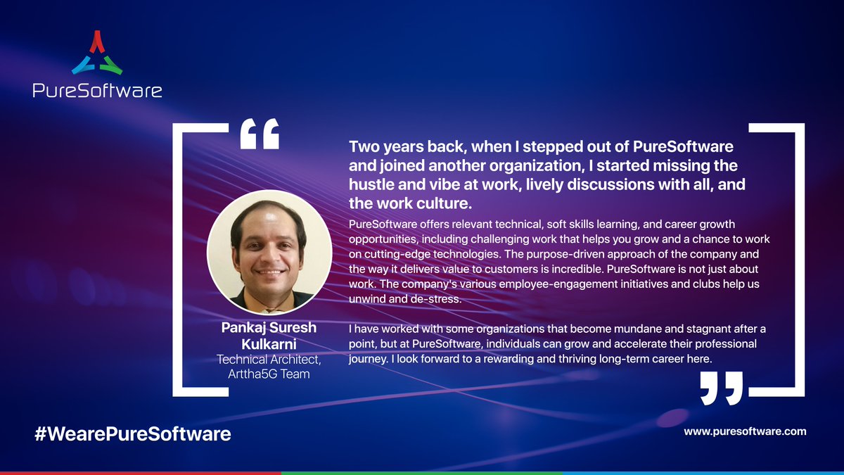 PureSoftware's tweet photo. Are you thinking of a second innings at PureSoftware? Read the testimony of one of our recent home comers, Pankaj Suresh Kulkarni, Technical Architect, Arttha5G team.
For career opportunities visit: https://t.co/ftwUW0uiki
#WearePureSoftware #GPTW #career #alumnistories https://t.co/L1tTpF9h43