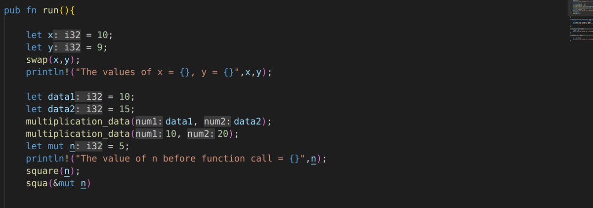 mychcoder's tweet image. Day 25 of #100DaysOfCode 

Played more around functions and learned how to pass function value by reference.

e.g. 

fn title (n: &amp;amp;mut i32){
*n = *n * *n
println!(&quot;The value of n within defined function = {}&quot;,n)
}

function call
let n = 5;
title(&amp;amp;mut n);

Slowly, but surely.