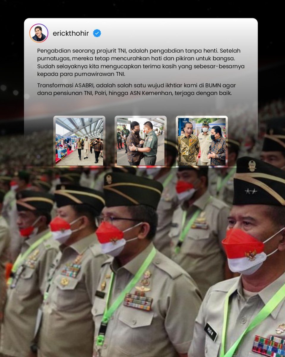 Transformasi di ASABRI adalah wujud nyata kepedulian Menteri BUMN <a href="/erickthohir/">Erick Thohir</a> atas dedikasi dan loyalitas para purnawirawan yang telah memberikan pengabdian terbaik untuk bangsa...
Terima kasih pak Erick Thohir 🙏🇮🇩
#BangkitBersamaET