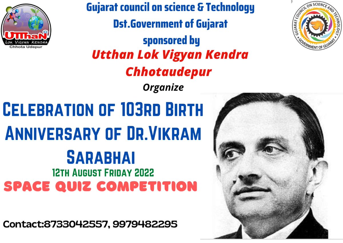 Utthan Lok Vigyan Kendra - Chhotaudaipur (@vigyanlok) on Twitter photo ઉત્થાન લોક વિજ્ઞાન કેન્દ્ર છોટાઉદેપુર દ્વારા ડો. વિક્રમ સારાભાઈ ની 103મી જન્મજ્યંતિ નિમિતે ઓનલાઇન ક્વિઝ સ્પર્ધા નું આયોજન કરવામાં આવેલ છે.લિંક quizzory.in/id/62f50e243a9…
<a href="/InfoGujcost/">Gujarat Council on Science & Technology 🇮🇳</a> <a href="/vnehra/">Vijay Nehra</a> <a href="/narottamsahoo/">Narottam Sahoo</a> <a href="/isro/">ISRO</a> <a href="/collectorcu/">Collector Chhotaudepur</a> <a href="/Punam_Bhargava/">Poonam</a> ઉત્થાન લોક વિજ્ઞાન કેન્દ્ર છોટાઉદેપુર દ્વારા ડો. વિક્રમ સારાભાઈ ની 103મી જન્મજ્યંતિ નિમિતે ઓનલાઇન ક્વિઝ સ્પર્ધા નું આયોજન કરવામાં આવેલ છે.લિંક quizzory.in/id/62f50e243a9…
<a href="/InfoGujcost/">Gujarat Council on Science & Technology 🇮🇳</a> <a href="/vnehra/">Vijay Nehra</a> <a href="/narottamsahoo/">Narottam Sahoo</a> <a href="/isro/">ISRO</a> <a href="/collectorcu/">Collector Chhotaudepur</a> <a href="/Punam_Bhargava/">Poonam</a>
