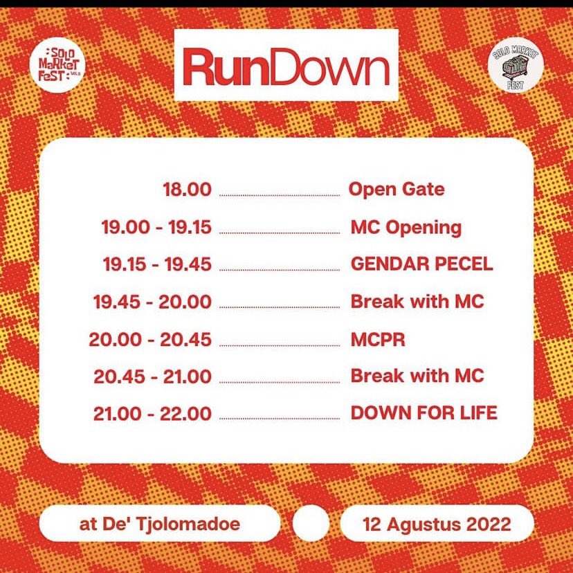 Malam ini kita akan berbagi panggung bersama om omku <a href="/downforlifesolo/">Down For Life</a> &amp; <a href="/MCPR_official/">MCPR</a> di acara Solo Market Fest di De Tjolomadoe.

sampai bertemu nanti malam konco apikanku!