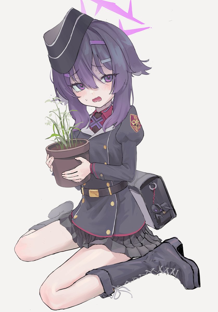 1girl boots solo purple eyes hat skirt potted plant  illustration images