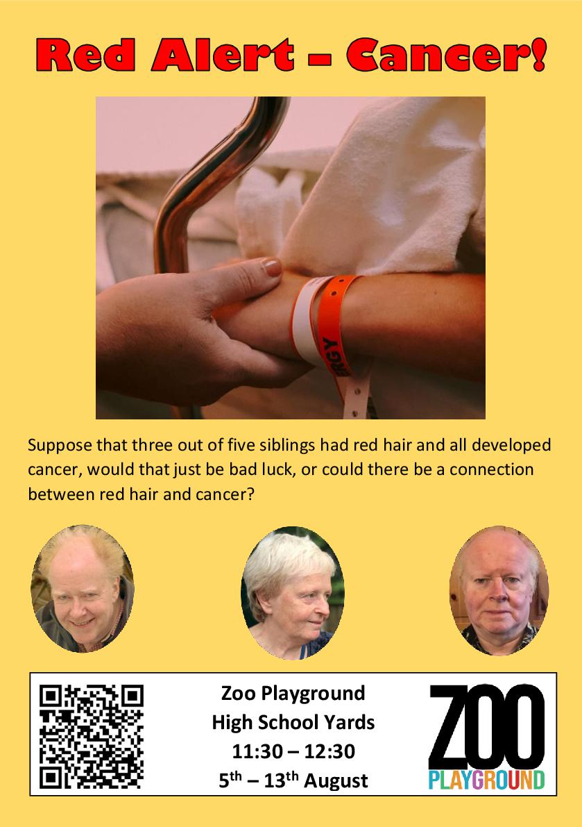 allanbw2's tweet photo. Only two more chances to catch #RedAlert_Cancer, today and tomorrow. Find out how the redheads in my family were all affected by cancer, and donate to Cancer Research UK. @ZOOvenues - Playground, 11.30 - 12.30.
https://t.co/NZA1oo3cB7 https://t.co/bSFFMrglzg