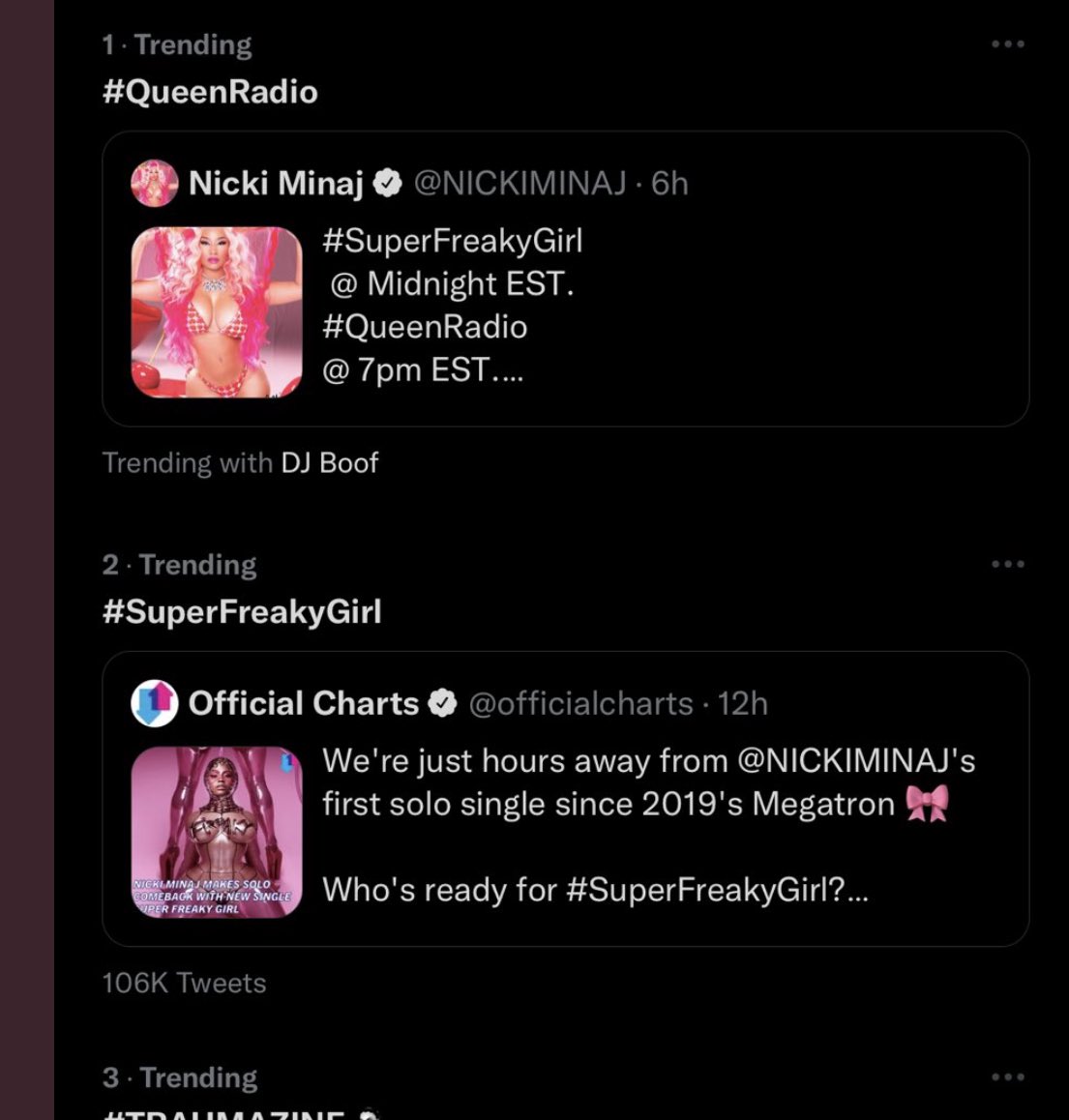 puccidiary's tweet photo. TRENDY TINGZ 🥳💕 barbz undefeated! #QueenRadio #SuperFreakyGirl #TheSecondVerse 😭 @NICKIMINAJ https://t.co/c3CdneAnao