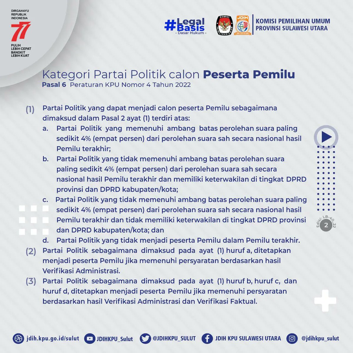 JDIHKPU_SULUT's tweet photo. #SobatJDIH
Selamat Siang
Siang ini #legalbasis sudah seri ke 40. Yang  akan mengulas tentang Kategori Partai Politik Calon Peserta Pemilu dan Jadwal Tahapan Pendaftaran, Verifikasi dan Penetapan Partai Politik Peserta Pemilu DPR dan DPRD Tahun 2024. Yuk Simak grafis berikut ini https://t.co/DTyRLCFe1e