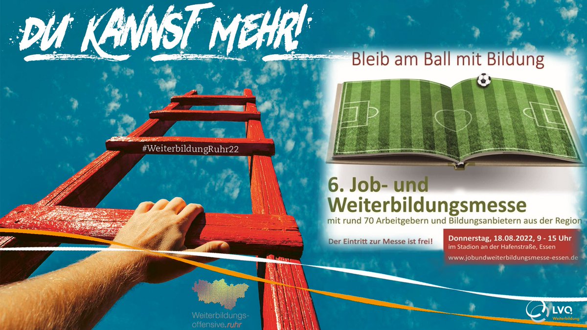 Am 18.08. ist es endlich wieder so weit: Ihr habt auf der Job-&amp; #Weiterbildungsmesse Essen die Chance, live im Stadion an der Hafenstraße einen Treffer bei eurem Wunscharbeitgeber zu landen. Auch wir sind mit von der Partie &amp; beraten euch: #WeiterbildungRuhr2022. Wir freuen uns!