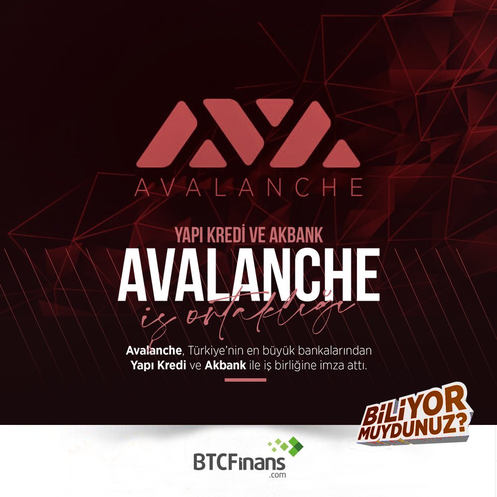 btcfinans's tweet photo. Avalanche, Türkiye'nin en büyük bankalarından Yapı Kredi ve Akbank ile işbirliğine imza attı.
#Btcfinans #avax #avalanche #avalabs #yapıkredi #akbank #işbirliği #kriptohaber #cryptonews https://t.co/TbcHtIJbVT