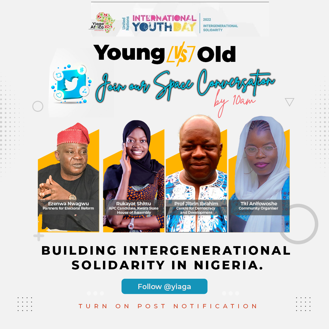 Yiaga Africa (@yiaga) on Twitter photo Today at 10am, we will be hosting a Twitter Spaces conversation to celebrate #InternationalYouthDay2022 with <a href="/JibrinIbrahim17/">Jibrin Ibrahim</a>, <a href="/NwagwuEzenwa/">Ezenwa Nwagwu</a>, <a href="/Rukayatshittu06/">Rukayat Motunrayo Shittu - RMS</a> & <a href="/d_LegalEagle/">Títílopé ọmọ Anífowóse</a> discussing 'Building Intergenerational Solidarity in Nigeria".
Set your reminder.
x.com/i/spaces/1mrGm… Today at 10am, we will be hosting a Twitter Spaces conversation to celebrate #InternationalYouthDay2022 with <a href="/JibrinIbrahim17/">Jibrin Ibrahim</a>, <a href="/NwagwuEzenwa/">Ezenwa Nwagwu</a>, <a href="/Rukayatshittu06/">Rukayat Motunrayo Shittu - RMS</a> & <a href="/d_LegalEagle/">Títílopé ọmọ Anífowóse</a> discussing 'Building Intergenerational Solidarity in Nigeria".
Set your reminder.
x.com/i/spaces/1mrGm…