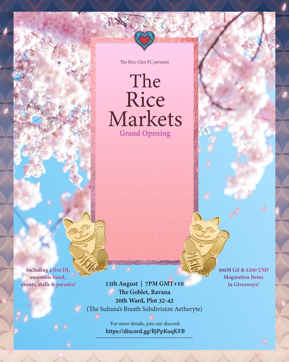 DorritoDanny's tweet photo. The Rice Clan FC welcomes you to join us this Saturday 13/08, 7PM GMT+10 at THE RICE MARKETS, a new community festival event hosted at the Materia Ravana Goblet - Ward 20 Sub Plot 32-43!
Visit us @ https://t.co/KMCKvSjmqH for more information! https://t.co/azYVrovqme