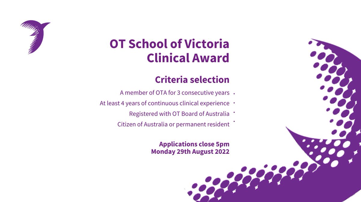 otaust's tweet photo. โ Applications for the Occupational Therapy School of Victoria Clinical Award are now open.
โณ Apply before 29th August ๐ https://t.co/z5uuhFacqZ
#otaawards #otaconference #otaannualconference2023 #occupationaltherapist #OTawards #nominateanOT #awardofexcellence #otawards2022 https://t.co/0WHHhGzPfz