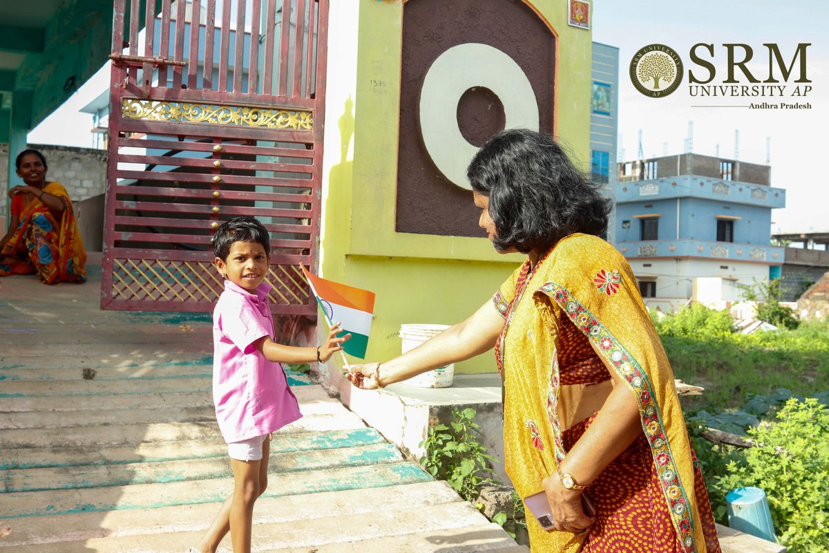 SRMUAP's tweet photo. National flag in every house is our mission. SRM AP NSS Unit visited houses in nearby #villages as part of the #HarGharTiranga campaign. The campaign, part of of #AzadiKaAmritMahotsav encourages to bring #Tiranga home &amp; hoist it to mark the #75th year of  #independence.

 #SRMAP https://t.co/QF7mj0vDxd