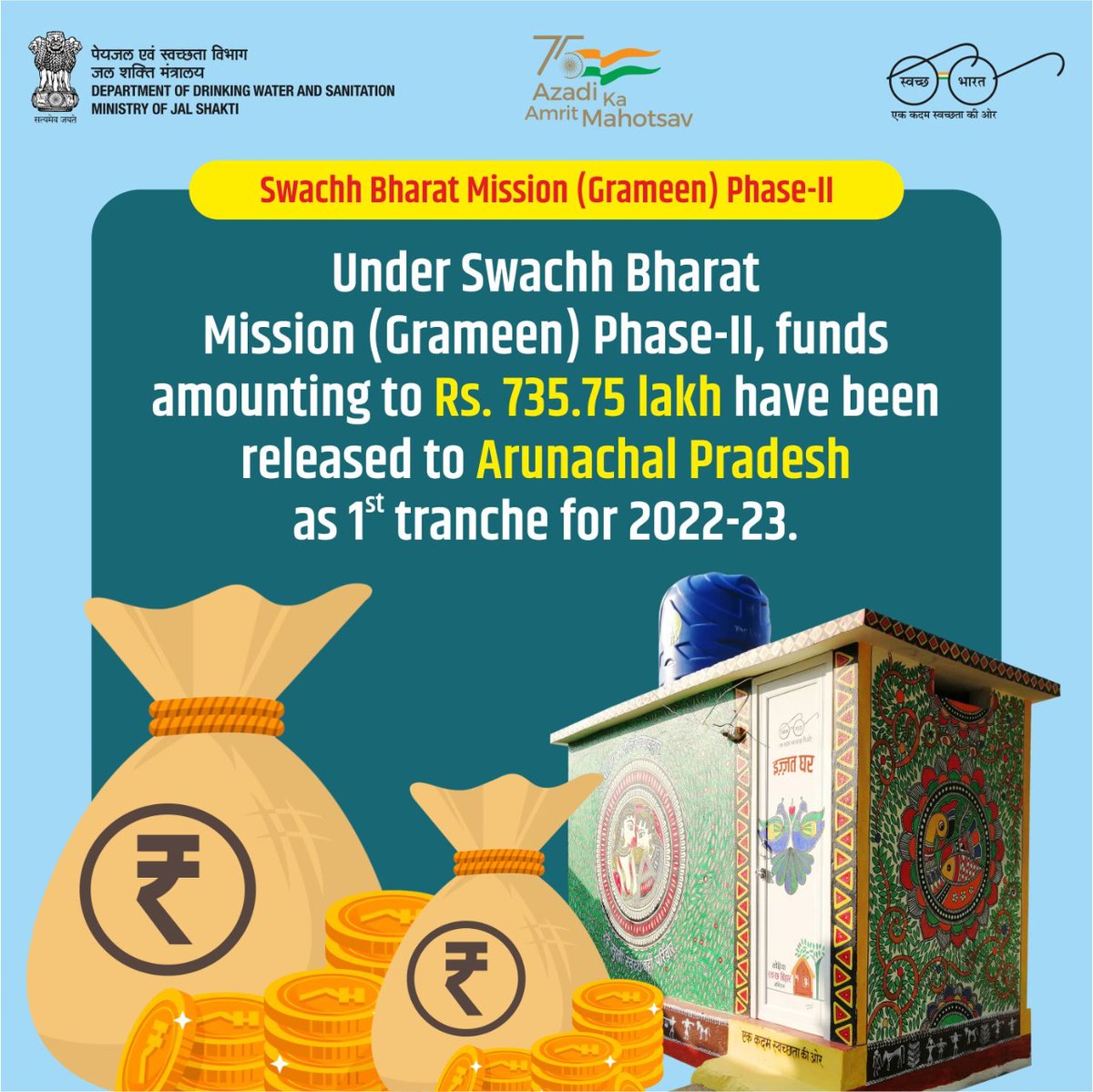swachhbharat's tweet photo. Swachh Bharat Mission -Grameen has allocated funds worth Rs.735.75 lakhs to Arunachal Pradesh. Let's build a clean and prosperous Arunachal Pradesh through our dedicated Efforts.
#SwachhBharatMissionGrameen #SBMG #Sanitation #CommunitySanitaryComplex #CSC #ODF #ODFPlus @g_swachh https://t.co/1ifLKNItMt