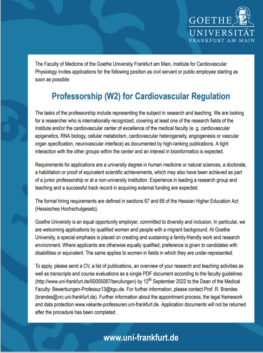 Ralf_P_Brandes's tweet photo. We are  happy to accounce openings for two professorships! Contact me if you are interested! With the excellence cluster CPI and the  DZHK  #goetheuniversity #Frankfurt is the perfect place for cutting edge CV research from basic science towards #translation. #jobs #hiring https://t.co/lUkRmDxAkl