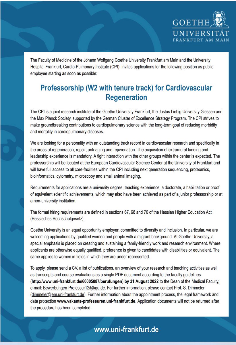 We are  happy to accounce openings for two professorships! Contact me if you are interested! With the excellence cluster CPI and the  DZHK  #goetheuniversity #Frankfurt is the perfect place for cutting edge CV research from basic science towards #translation. #jobs #hiring