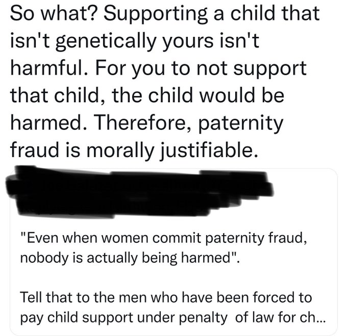 JenniferTatty's tweet photo. “Paternity fraud is morally justifiable.”

No, it absolutely is not.

Can you imagine how such a disgusting attitude may influence harmful behavior https://t.co/foTyZT7Va2