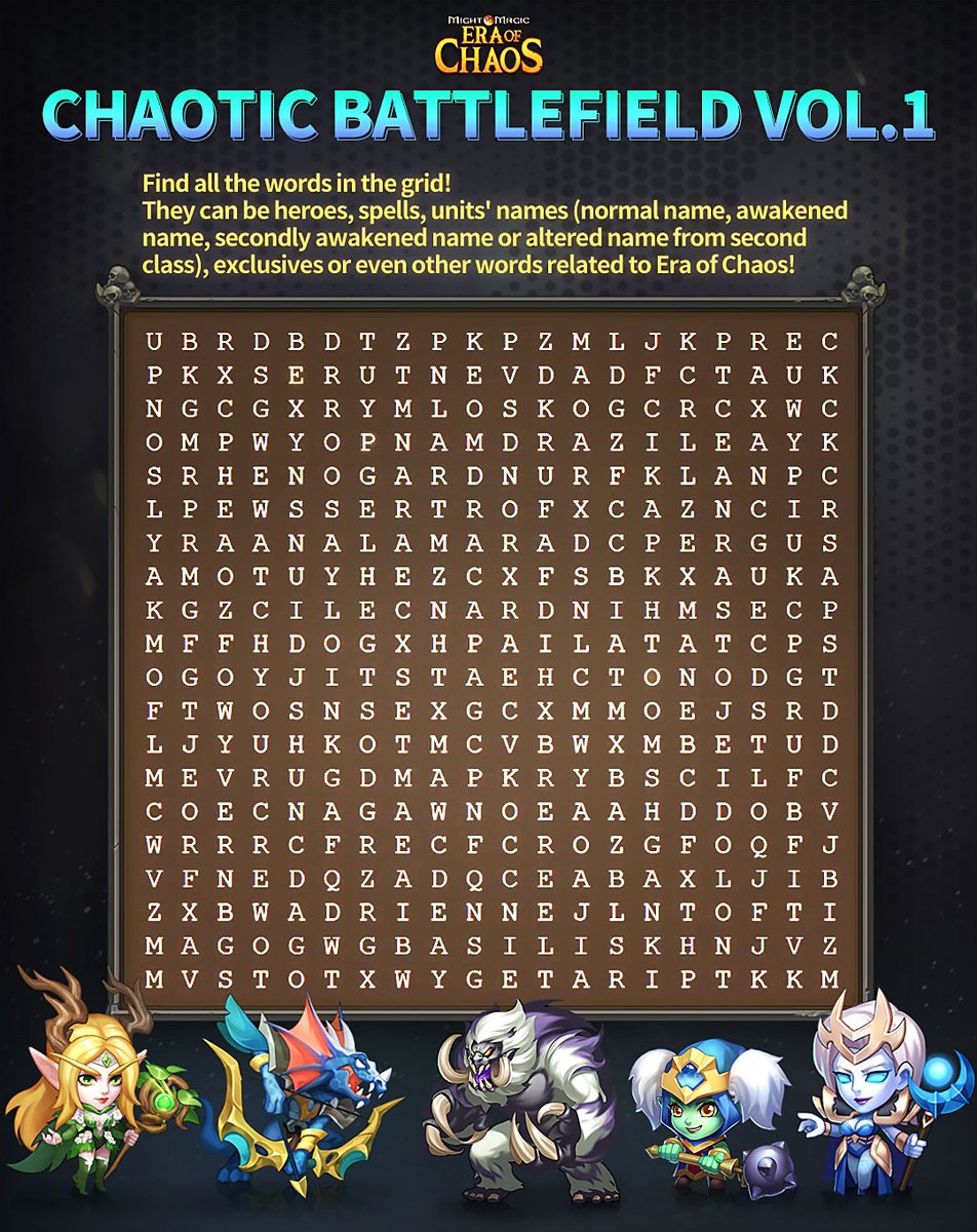 MightEra's tweet photo. Dear Lord, 
Here comes the discord event Chaotic Battlefield Vol.1 🥳 
Find all the words in the grid! 
The more words you find, the more rewards you can get! 🤩 Come and join us in discord-events channel, the time is 08/12 - 08/19 (Midnight EST).
https://t.co/k7TXFl3GyG https://t.co/2KxkyHt324