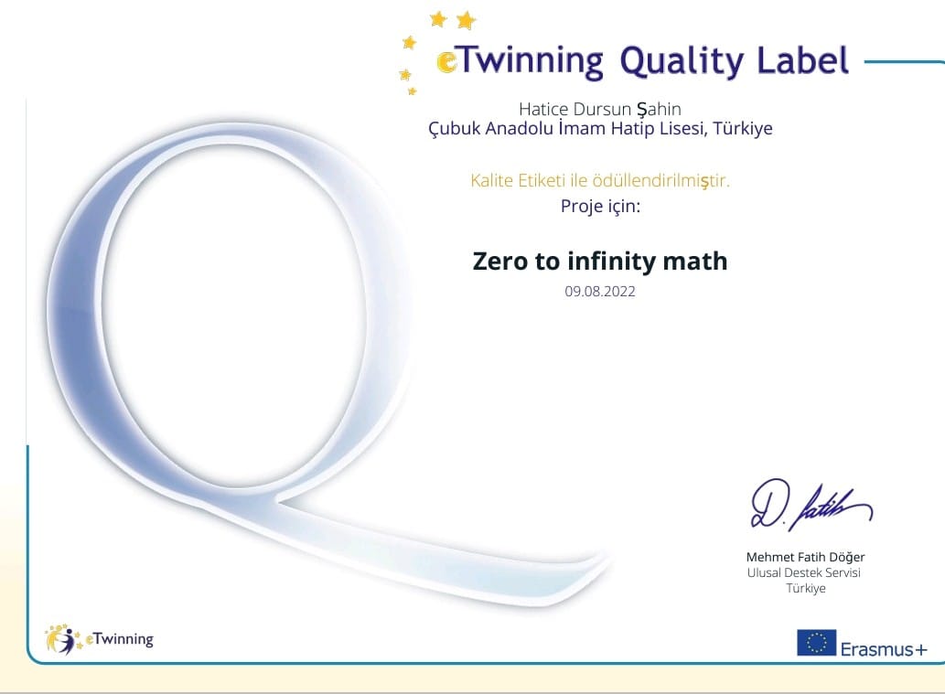 Kurucu ortak olarak yer aldığımız “ZERO TO INFINITY/SIFIRDAN SONSUZA MATEMATİK” isimli 
Türkiye,İspanya,Azerbeycan ve Gürcistan ülkelerinden 10 farklı okul ile çalıştığımız projemiz,UDS tarafından Ulusal Kalite Etiketi ile ödüllendirildi.