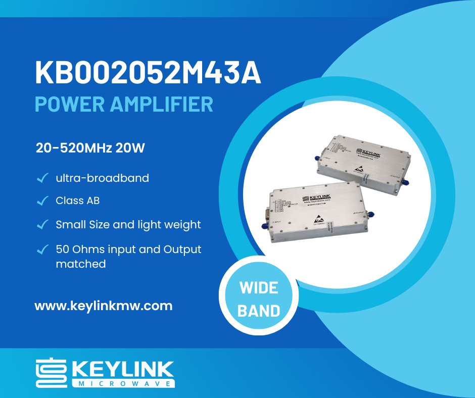 KeylinkMW's tweet photo. RF Broadband High Power Amplifiers KB002052M43A, 20 - 520MHz, 20Watts , Stock : 5
More info : https://t.co/ltK21rARN2
#RF #Microwave #amplifier #sspa https://t.co/4xhixjxTLN