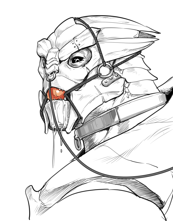 a late night turian in a ball gag before bed