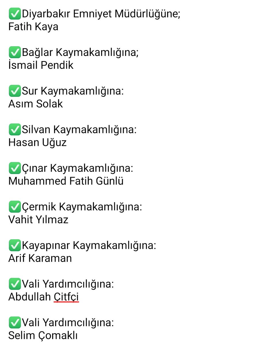 Cumhurbaşkanlığı kararnamesi ile ilimize atanan;
İl Emniyet Müdürümüze, Vali Yardımcılarımıza ve İlçe Kaymakamlarımıza yeni görevlerinde başarılar diliyorum.
Diyarbakır'ımıza Hayırlı Olsun...