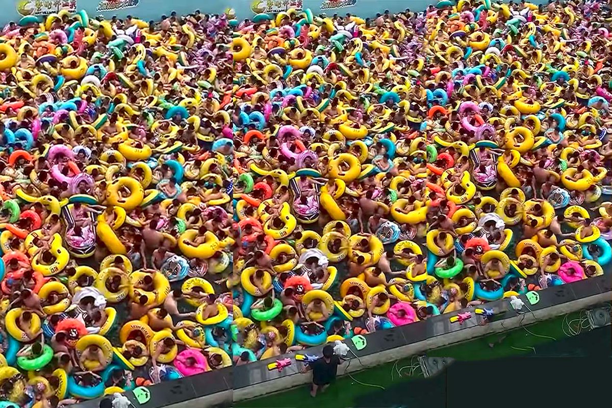 😱 Honderden mensen zoeken verkoeling in zwembad in China! Bekijk de hallucinante beelden hier: bit.ly/3SOTED9