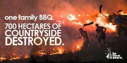 A small fire in the open can rapidly spread and quickly become a large incident. 

If you spot a fire - even a small one, get yourself to safety and call 999.

🚭 Dispose cigarette ends responsibly. 
🔥 Don't BBQ or light fires in rural areas. 
🗑️ Take your rubbish home.