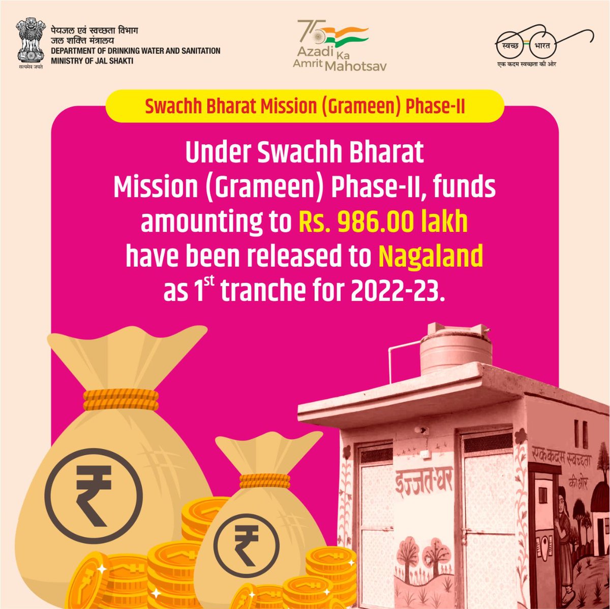 swachhbharat's tweet photo. Swachh Bharat Mission-Grameen has allocated funds worth Rs.986.00 lakhs to #Nagaland. Let's build a clean and prosperous Nagaland through our dedicated Efforts.
#SwachhBharatMissionGrameen #SBMG #Sanitation #CommunitySanitaryComplex #CSC #ODF #ODFPlus
@NagalandSbmg @CmoNagaland https://t.co/50Opt2hTEC