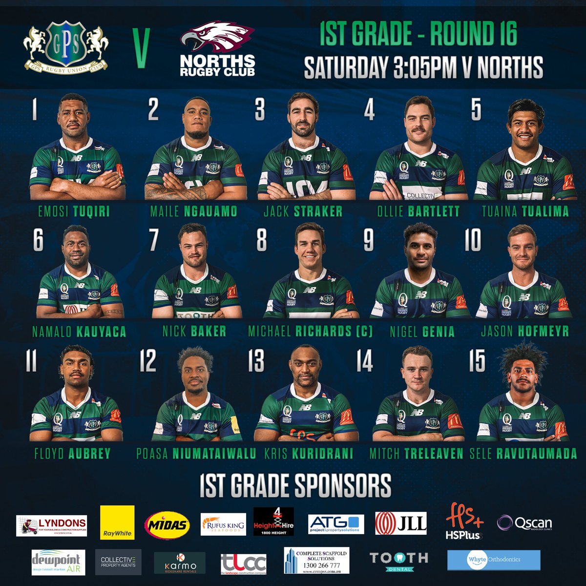 1st GRADE TEAM NEWS vs NORTHS

Take a look at your 1st Grade team named to face Norths tomorrow at GPS Rugby Club - Get down to Yoku!

💙 Chris Kuridrani makes a return from injury
💚 Nigel Genia with his first start for the year