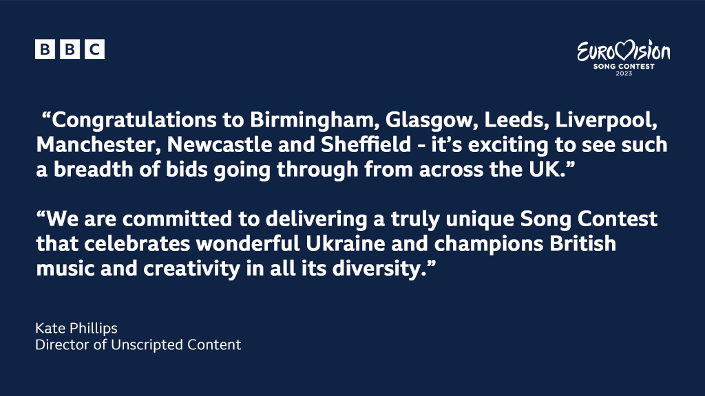 📢 It's OFFICIAL. Seven UK cities - Birmingham, Glasgow, Leeds, Liverpool, Manchester, Newcastle and Sheffield - are on the shortlist to host the #Eurovision Song Contest 2023 🎤 Read more ➡️ bbc.in/3pkDVhz