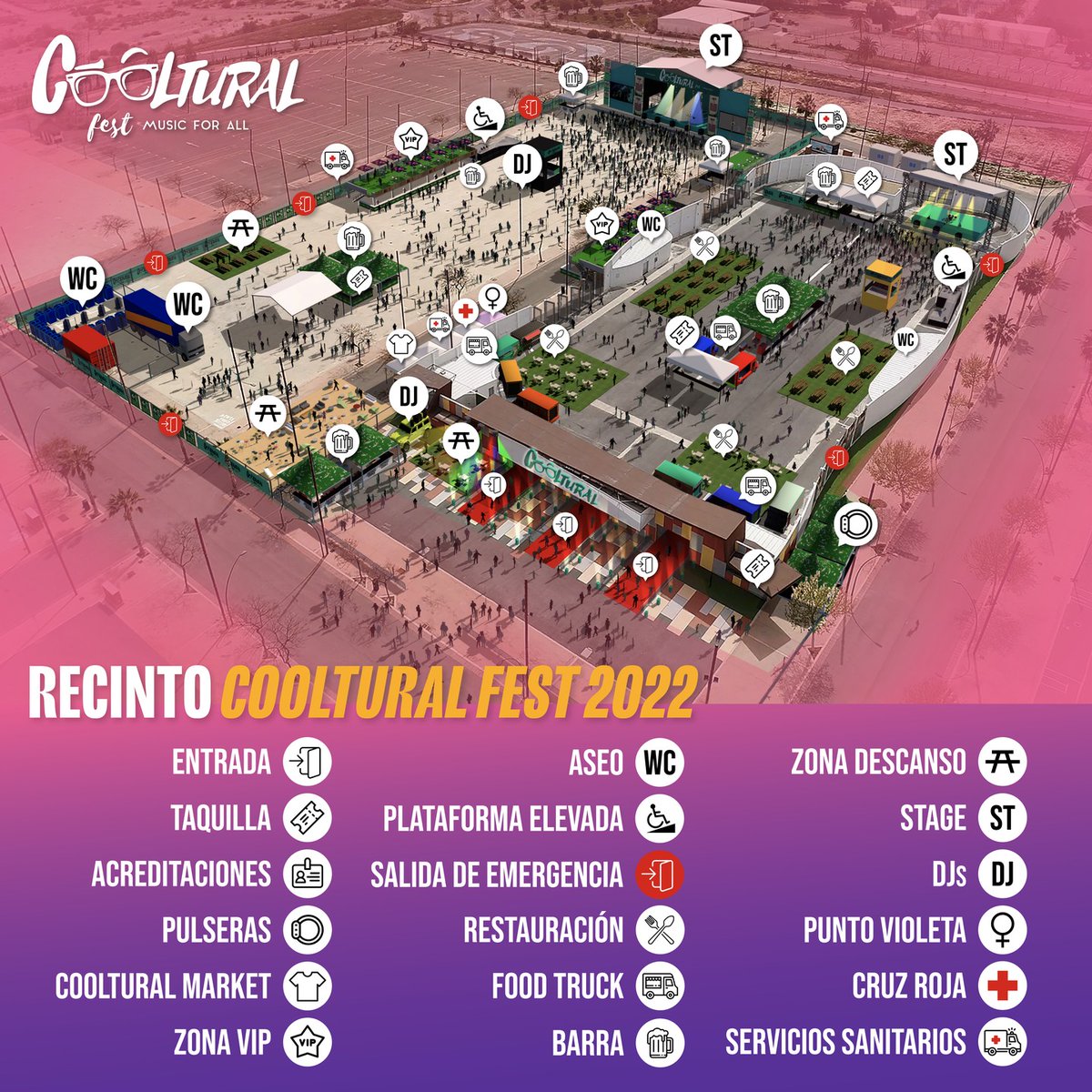 Culturalmeria's tweet image. 🤩 Solo 3⃣ DÍAS para que de comienzo el 🔊 𝑪𝒐𝒐𝒍𝒕𝒖𝒓𝒂𝒍 𝑭𝒆𝒔𝒕 𝟐𝟎𝟐𝟐 🤘 !!

🗺 Para que te vayas preparando bien aquí te dejamos el mapa del recinto.

¿Aún no tienes tus entradas? 👇

coolturalfest.com/?fbclid=IwAR0U…

Cooltural Fest "Music for All" #AlmeríaesCultura
#Music4All
