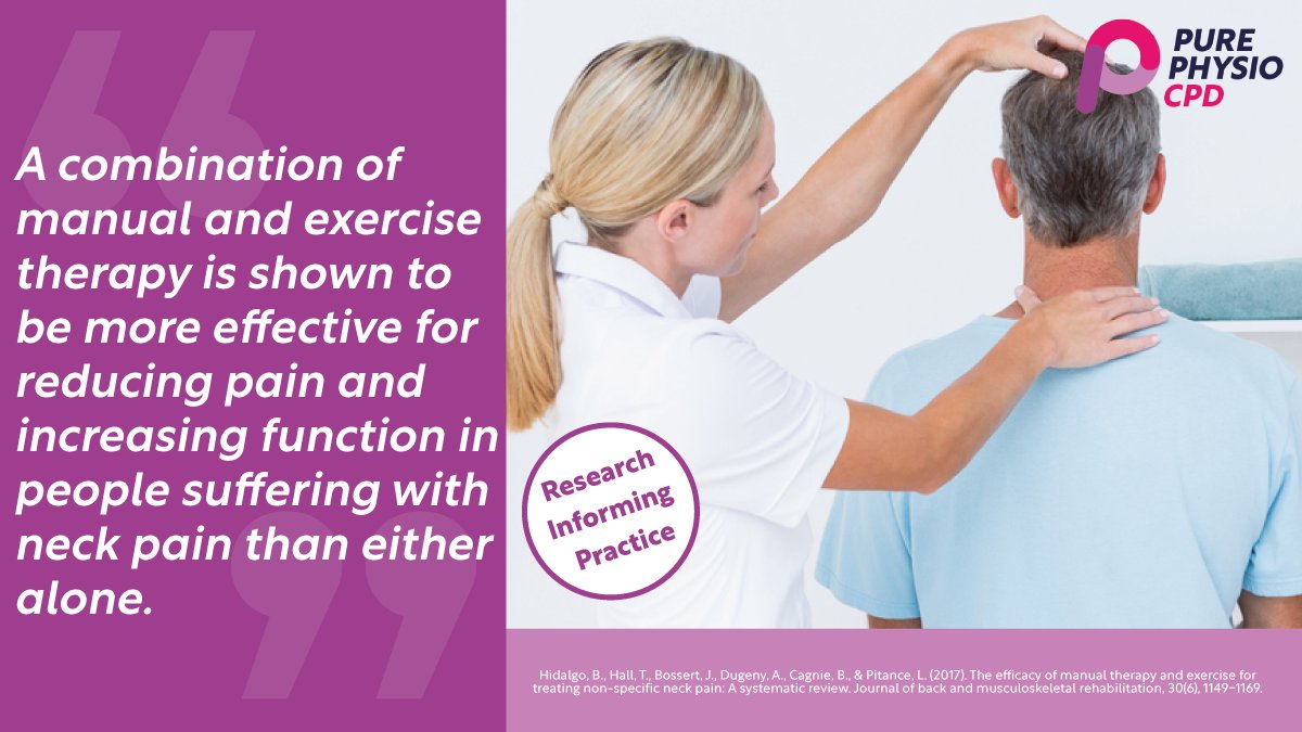 Pure Physiotherapy (@pure_physio) on Twitter photo Manual and exercise therapy combined is shown to be more effective for reducing pain and increasing function in people suffering with neck pain than either alone. 1/4 🧵
#NeckPain #Physiotherapy #Exercise #Strength #Pain #PainManagement
<a href="/Tom_S_Collier/">Tom Collier</a> <a href="/rmorfordphysio/">Richard Morford</a> @JonEd73 Manual and exercise therapy combined is shown to be more effective for reducing pain and increasing function in people suffering with neck pain than either alone. 1/4 🧵
#NeckPain #Physiotherapy #Exercise #Strength #Pain #PainManagement
<a href="/Tom_S_Collier/">Tom Collier</a> <a href="/rmorfordphysio/">Richard Morford</a> @JonEd73