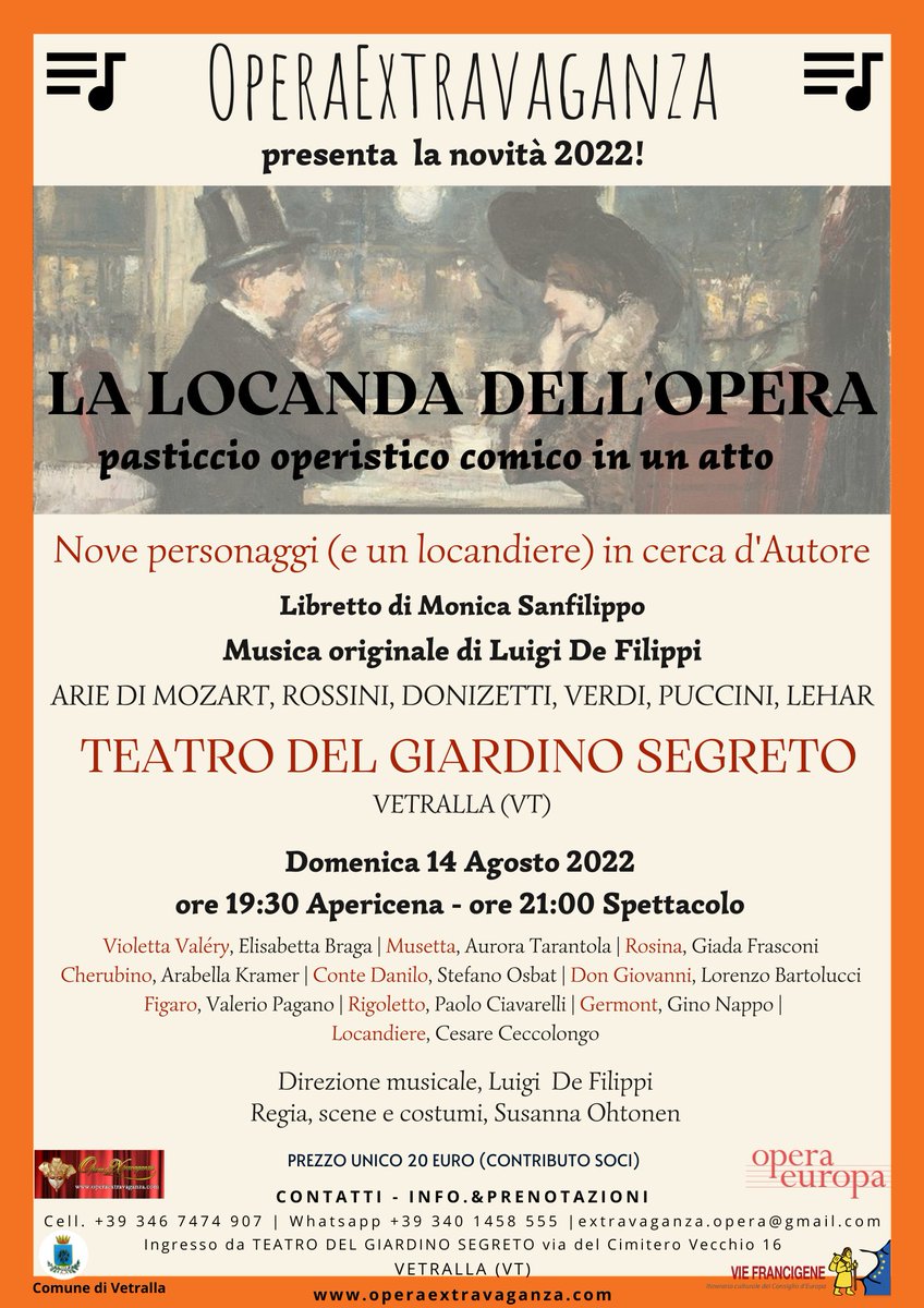 La Locanda dell’Opera, Pasticcio comico in un atto denominazione settecentesca che descrive il riutilizzo di arie famose tenute insieme da un nuovo libretto e formanti così un nuovo melodramma. Per prenotare
📧 extravaganza.opera@gmail.com
🌐operaextravaganza.com