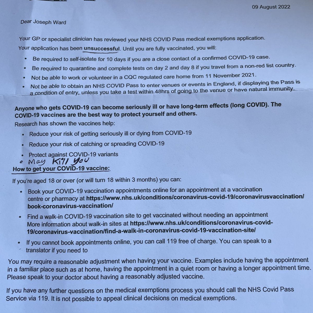 JoeWardSkis's tweet photo. After @ASTRAZENECAUK killed my dad with their toxic jab, I applied for a medical exemption. I have been UNSUCESSFUL! I’m expected to take the same medical intervention that killed my dad even though I’ve had covid twice! Please explain @SteveBarclay @sajidjavid @mariacaulfield https://t.co/7QZ6o45jhg