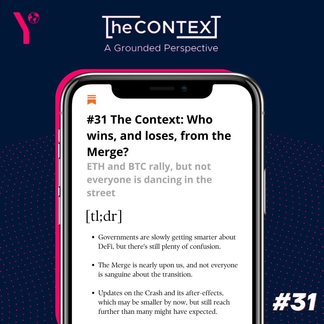 YAPGlobalTeam's tweet photo. 1. Are governments getting smarter about DeFi? 🧐
2. The Merge is nearly here. Yay? Nay? 👀
3. Are we in the Big Crash? 💥

We're looking at all of these in this week's recap of our weekly newsletter, The Context 🚀

Let's dive in🧵 https://t.co/TvkO4BMVPK https://t.co/9sLL0Olqcx