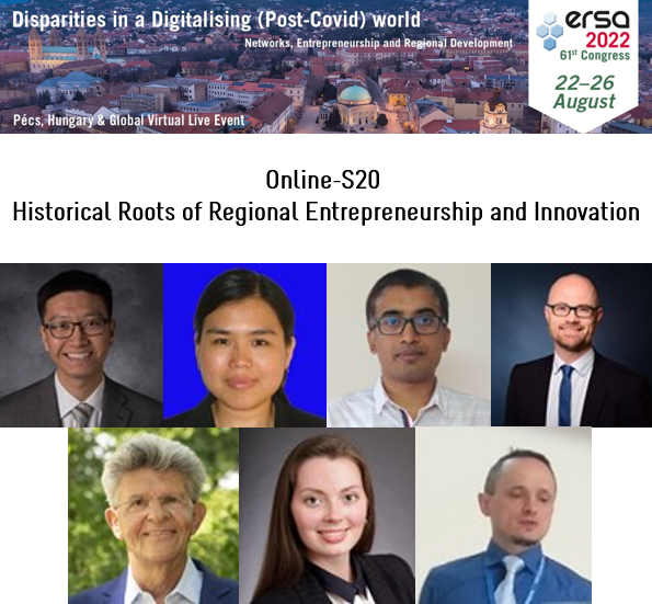 #ERSA2022
Follow on Aug.23 the online Session S20 "Historical Roots of Regional Entrepreneurship and Innovation"
With <a href="/HaifengQIAN/">Haifeng QIAN</a>, Inggrid Inggrid, Manjunath Agalagurki Nagaraj, <a href="/WedemeierJan/">Jan Wedemeier</a> 
Chair: <a href="/m_fritsch/">Michael Fritsch</a> , Maria Greve, Korneliusz Pylak