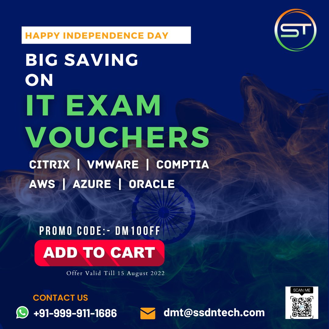 ssdntechnologie's tweet photo. Add to cart your voucher now and get a chance to save huge on your certification.
Purchase Now: https://t.co/CLJpJla7GO
WhatsApp Now: +91-9999-111-686
#citrix #vmware #aws #oracle #azure #itcertification #citrixvoucher #citrixcertification #awscertification #awsvoucher https://t.co/SDJejbcJDp