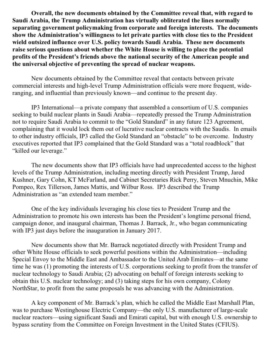 VelvetBlade's tweet photo. IP3 Intn'l tried to have 123 Agreement standards removed for Saudi Arabia

Direct  comms:

•Trump
•Jared Kushner
•Gary Cohn
•KT McFarland
•Rick Perry
•Steven Mnuchin (went w/ Kushner to KSA)
•Mike Pompeo
•Rex Tillerson
•James Mattis
•Wilbur Ross
•Flynn
•Barrack https://t.co/h424TWDF7b