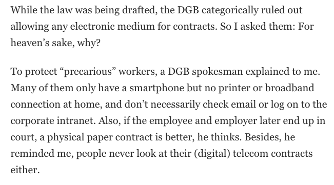 Germany is a digital dinosaur! New law bans digital employment contracts and forces German companies to sign them by hand. 

Their reason is just complete nonsense... 

washingtonpost.com/business/germa…
