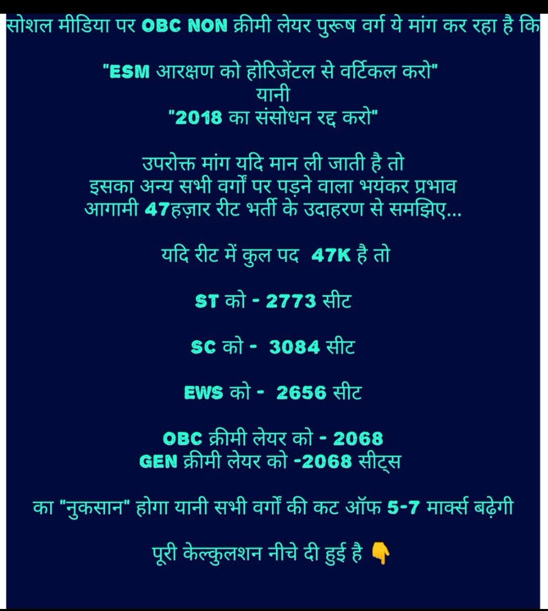 Analyst_Yesha's tweet photo. #आरक्षण व्यवस्था में एक बड़े परिवर्तन के लिए आंदोलन चल रहा है | जिसका नुकसान #obc #general #st #sc और #ews वर्गों को होगा जो हमें मंजूर नही | ज्यादा से ज्यादा शेयर करें और एकजुट रहें |
#ESM_आरक्षण_Horizontal_रहें 
@PMOIndia @RajCMO @TheUpenYadav @AslamChopdar11 https://t.co/y5vVtoeryp