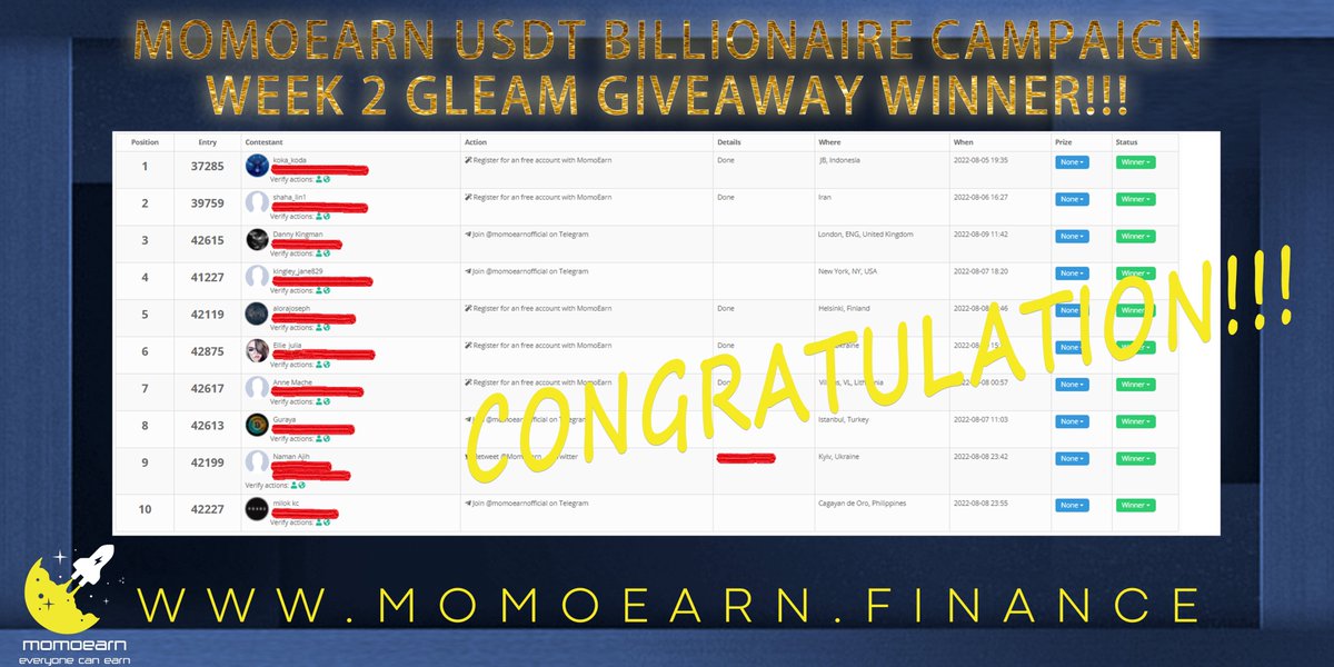 📣Attention please📣 

Congratulations to all the lucky winners of our Week 2 Giveaway🎊💰🎉 Our team will contact you soon💪

We still have 8⃣ more giveaways coming. Do stay tuned for the announcement on our Twitter and Telegram⏰

#momoearn #giveaway #winner #crypto