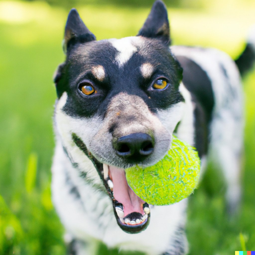 This is not a real dog: "A white and black australian cattle husky mix dog smiling with ball in mouth" #dalle