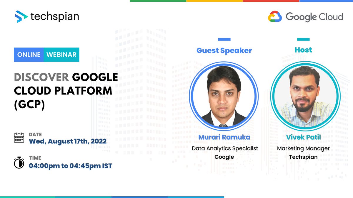 Techspian_'s tweet image. 👩‍💻 Please join us for a unique opportunity to get insights on #GCP.

This webinar will help you build a roadmap to avail cloud infrastructure services for your business. It would also help IT professionals who want to gain knowledge on the same.

▶️ bit.ly/3QA6tA1

#GCP