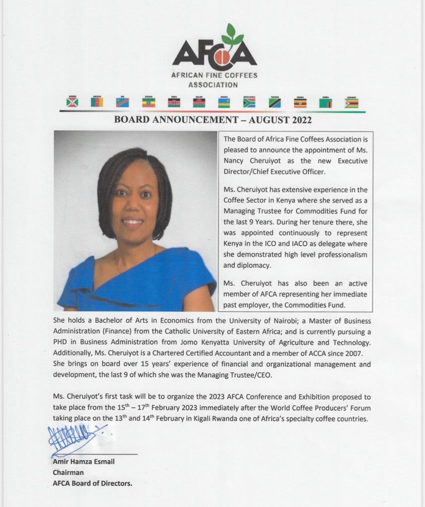 Welcome Ms. Nancy Cheruiyot as AFCA’s new Executive Director. It’s an exciting time to be an AFCA member and the coffee industry at large. Kigali, Rwanda here we come.