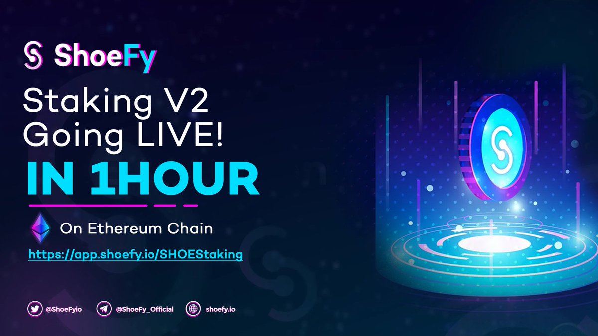ShoeFyio's tweet photo. ๐ขAnnouncement!๐ฅณ
Its time dear #Shoebeasts, #staking V 2 is going live in the next hour. The staking period is for one year and special conditions apply to unstake your tokens. Read instruction in our staking app once released! Get ready for the juicy high APR with #ShoeFy ๐ https://t.co/2FD95dqiVp