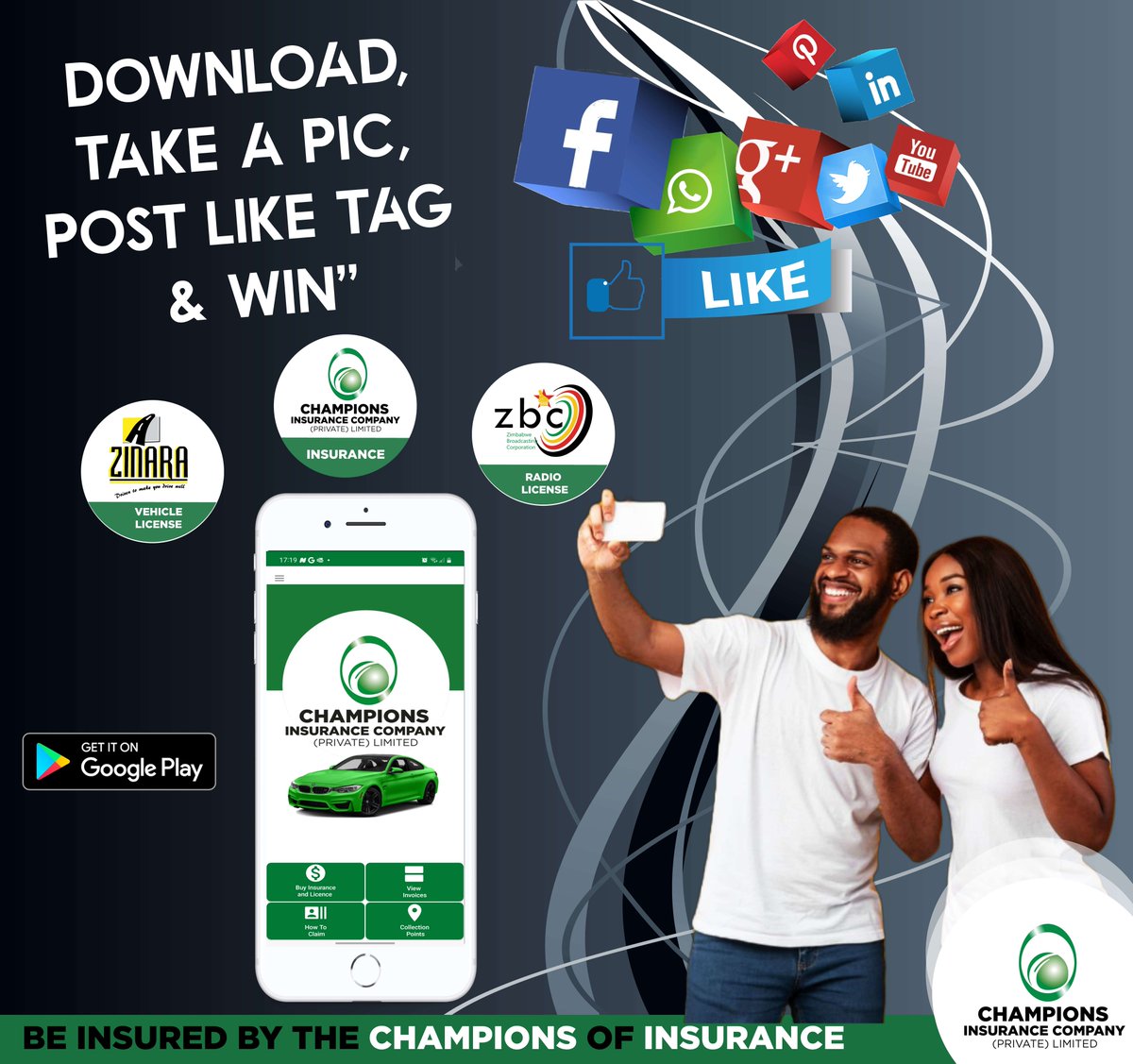Woza Friday!! Now you can buy your Insurance, ZINARA and ZBC licenses from the comfort of your home. Simply download the Champions Insurance App from Google Playstore and enjoy convenience at its best. #championsinsurance #convenience