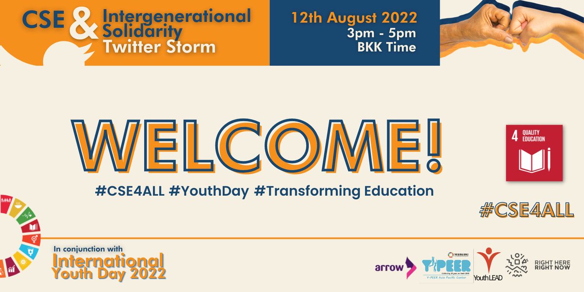 ARROW_Women's tweet photo. Welcome to our #YouthDay Twitter Storm on #CSE &amp; Intergenerational Solidarity 🎉

In line with #IYD2022 theme, we will be highlighting the importance of intergenerational approach in realizing #CSE worldwide.

Join the conversation!

#CSE4ALL
#YouthDay
#TransformingEducation https://t.co/CFOcuIKbpD
