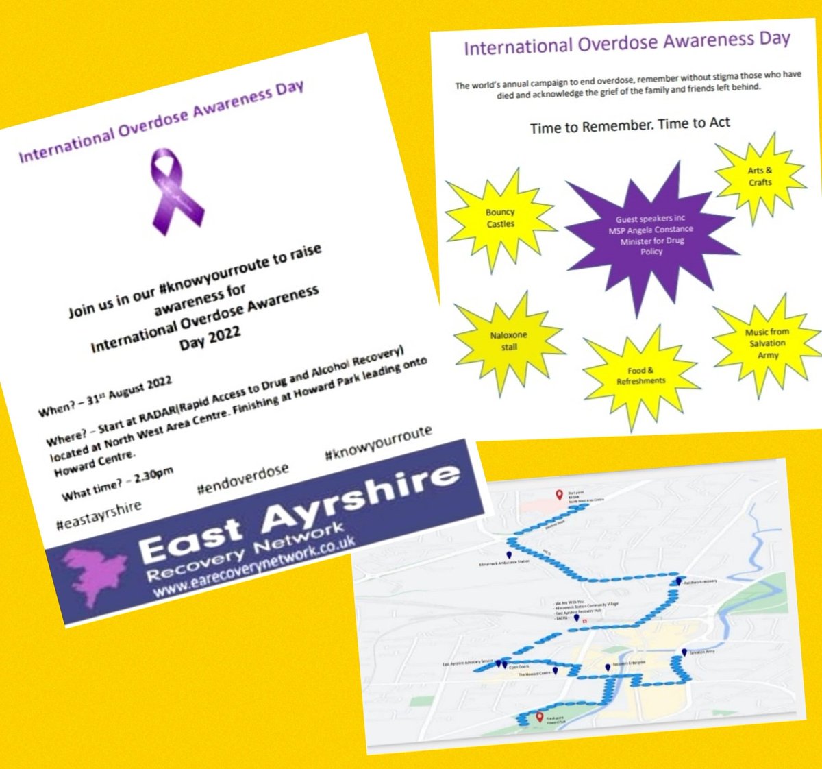 We would like you invite families and individuals to join our #knowyourroute event to raise awareness of prevention for #internationaloverdoseawarenessday ...family friendly #workingtogher @EAHSCP @MaclellanCarole @ea_adp @AConstanceSNP @VibrantEAC @PSST_NHSaaa @EastAyrshire